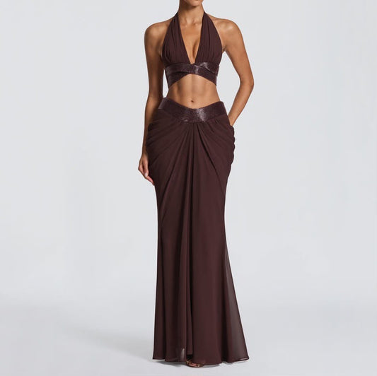 Chocolate Halter Crop Top & Draped Maxi Skirt Set ✨