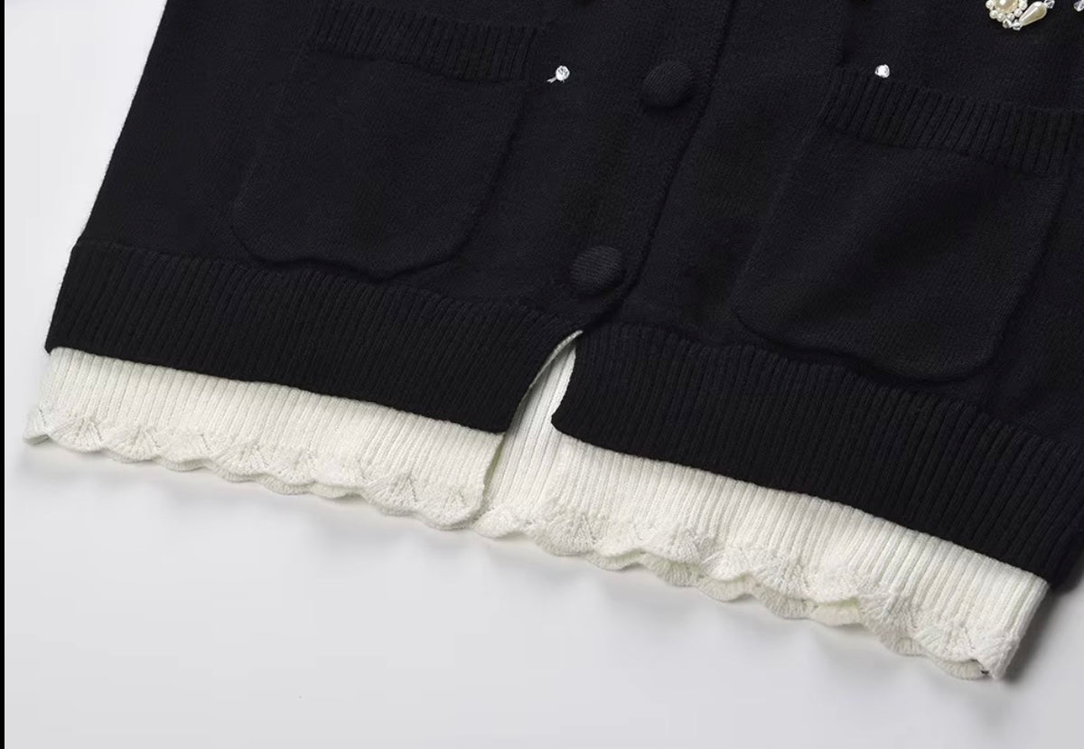 Pearl Embellished Contrast Knit Cardigan