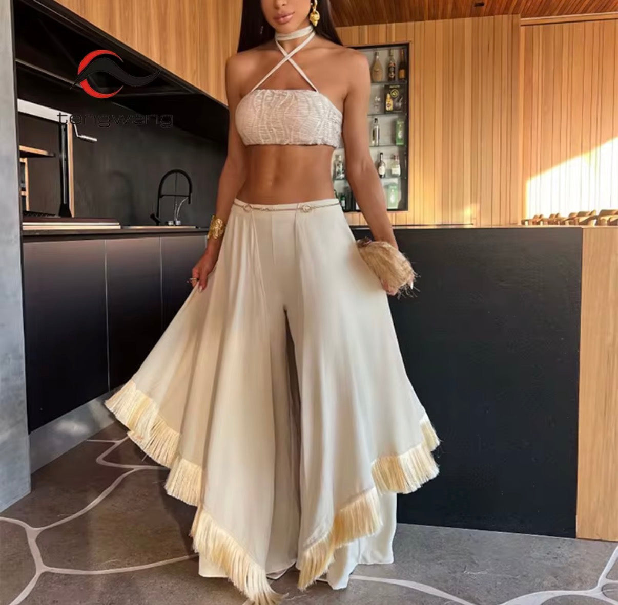 Champagne Fringe Layered Wide-Leg pants