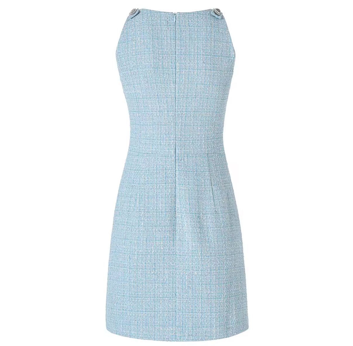 Baby blue tweed mini dress with crystal buttons