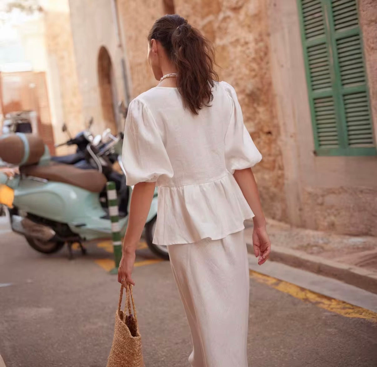 Ivory Tie-Front Peplum Maxi Skirt Set