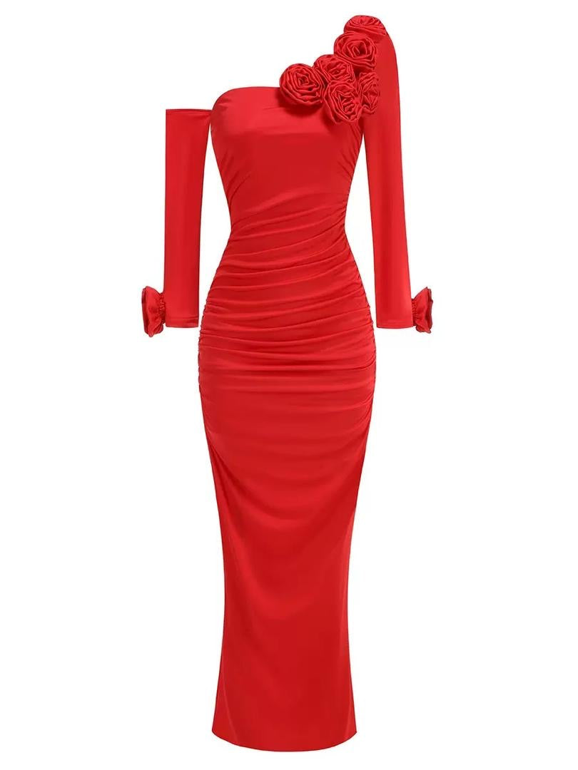 Red Crimson Rose One-Shoulder Sculpted Maxi Dress