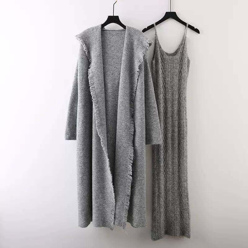 Fringe-Trim Knit Maxi Dress & Long Cardigan Set