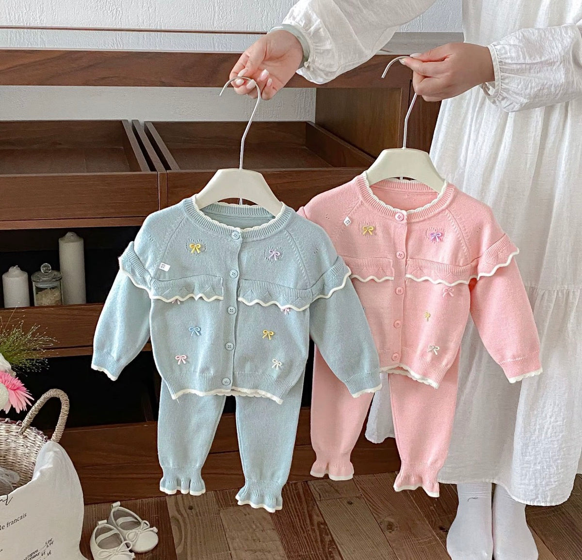 Pastel Bow Ruffle Knit Set