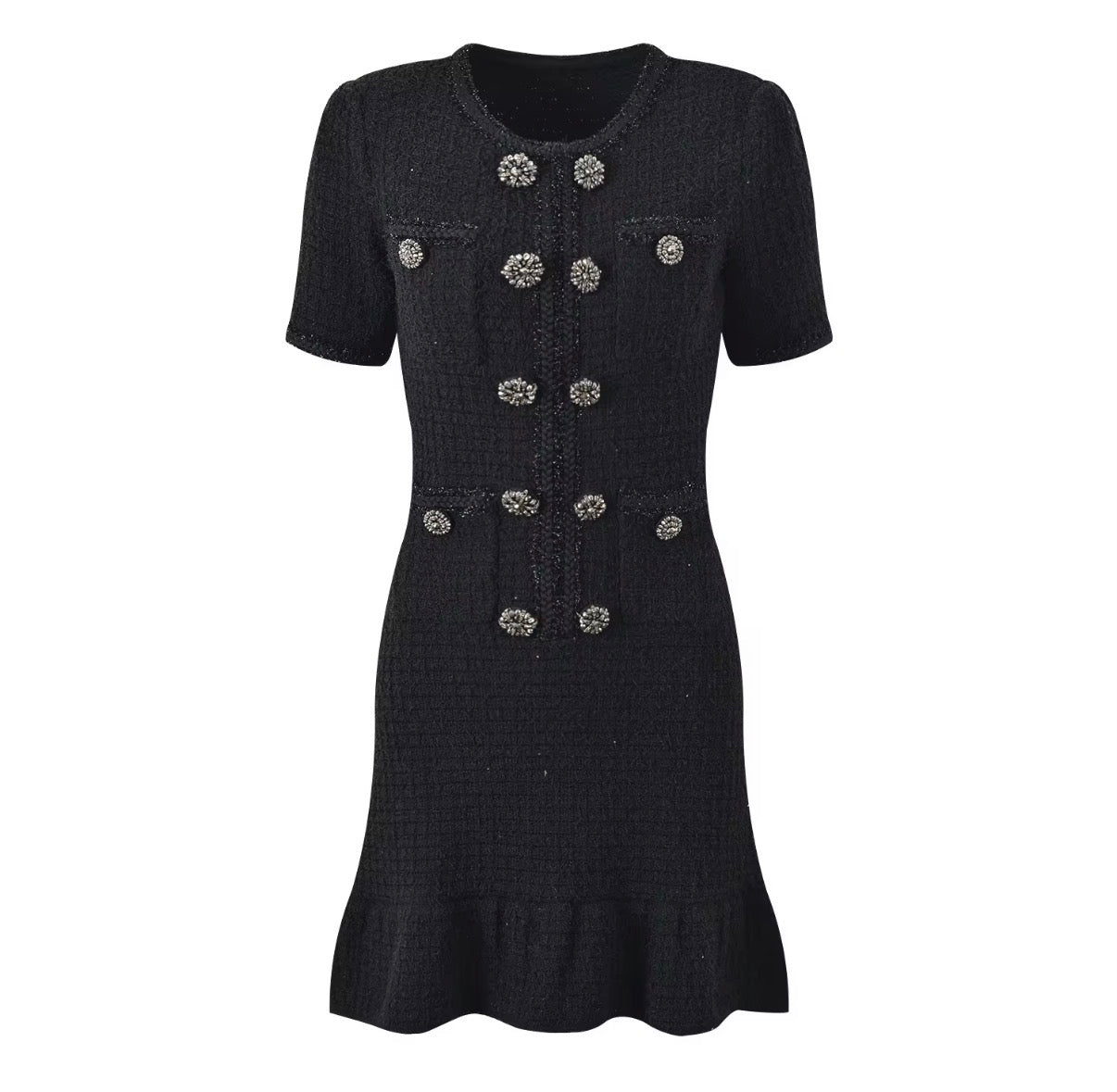 Embellished Button Tweed Mini Dress