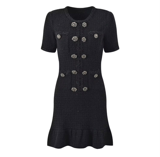 Embellished Button Tweed Mini Dress