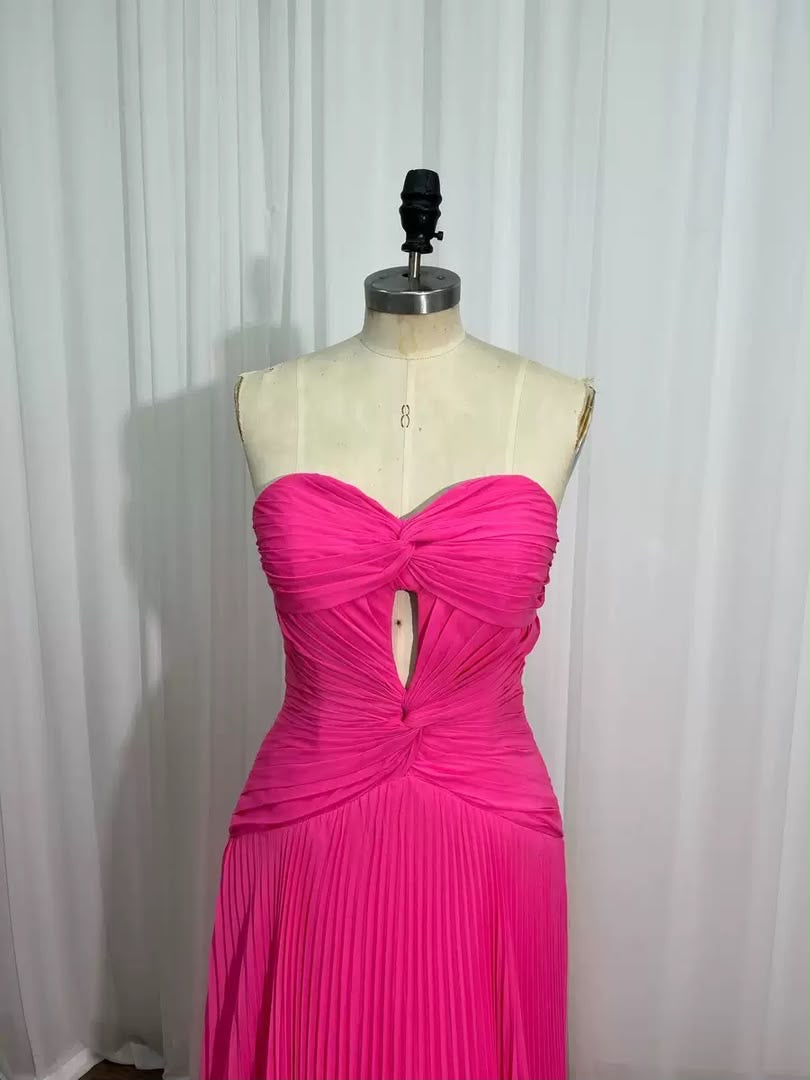 Hot Pink Strapless Cutout Pleated Maxi Dress