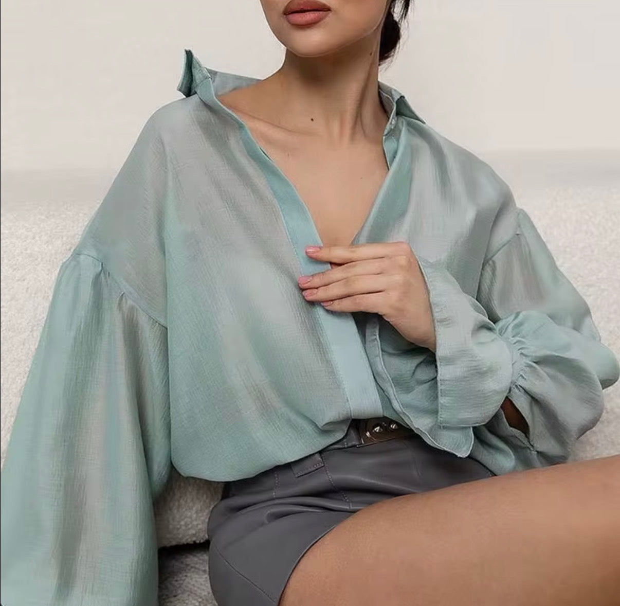 Long Sleeve Sheer Button-Up Blouse