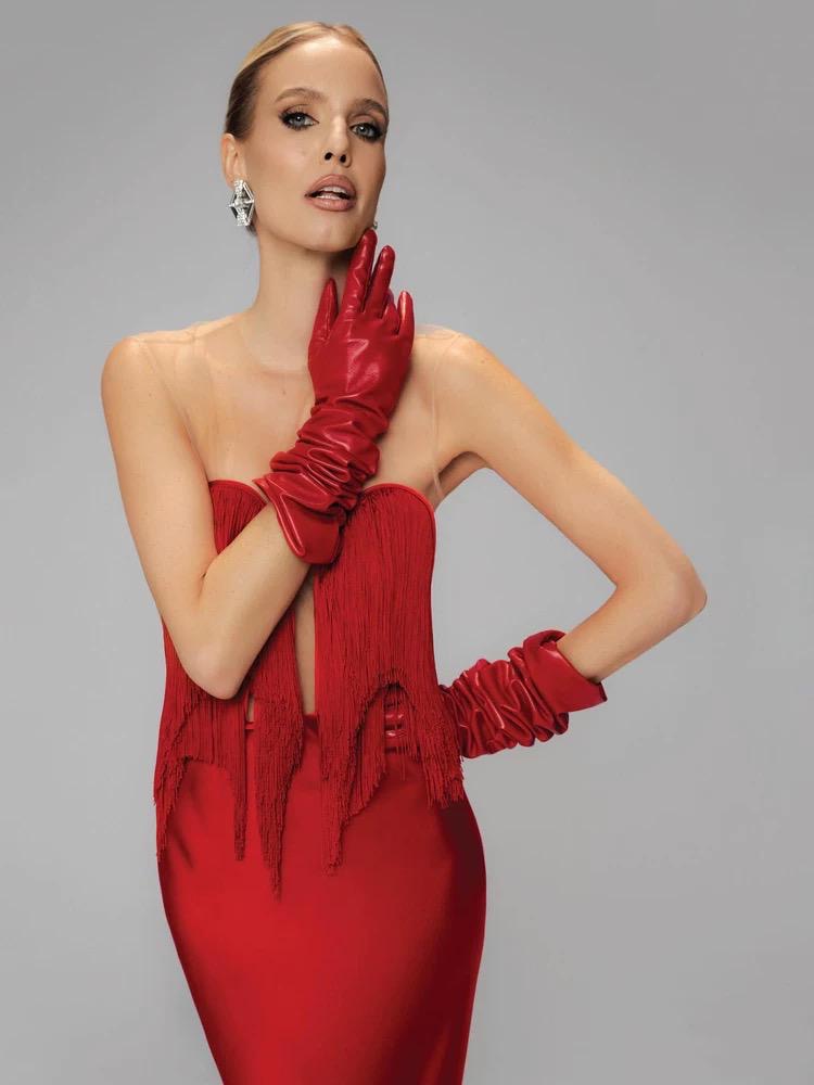 Crimson Goddess Fringe-Sculpted Gala Gown with Faux-Fur Royal Cape