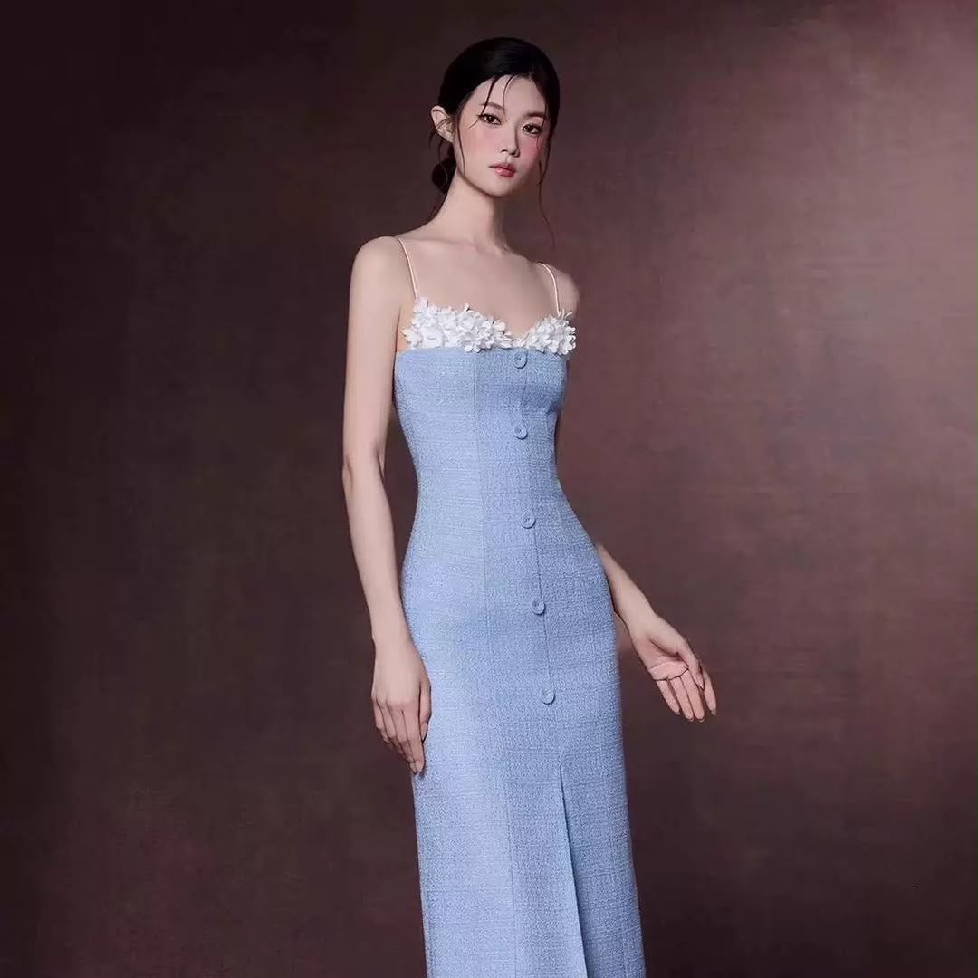Blue Tweed Floral-Trim Buttoned Maxi Dress