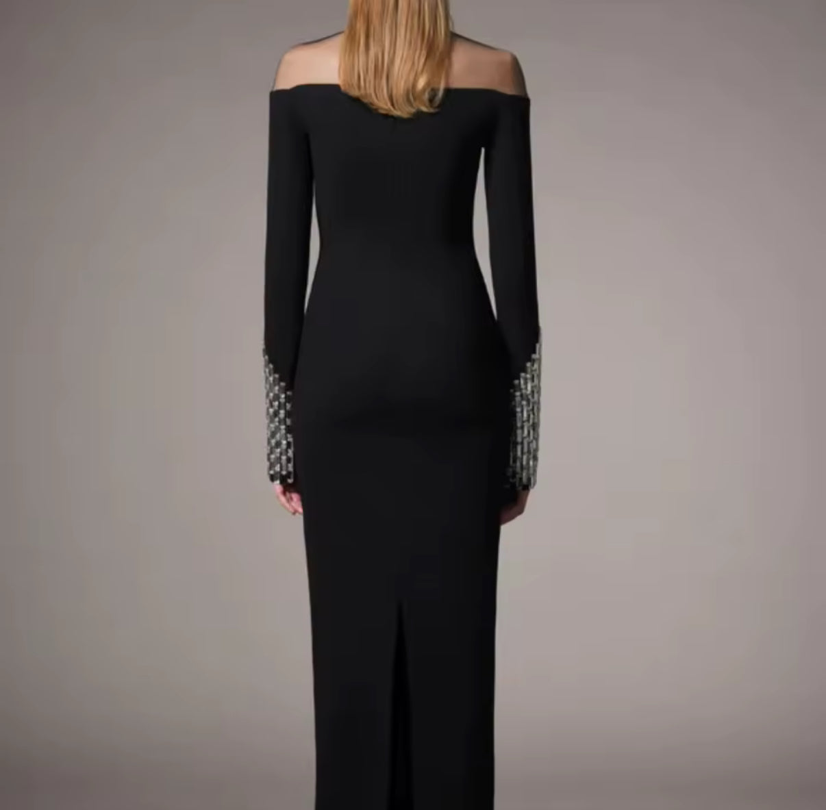 Black off-shoulder dress with crystal-embellished sleeves