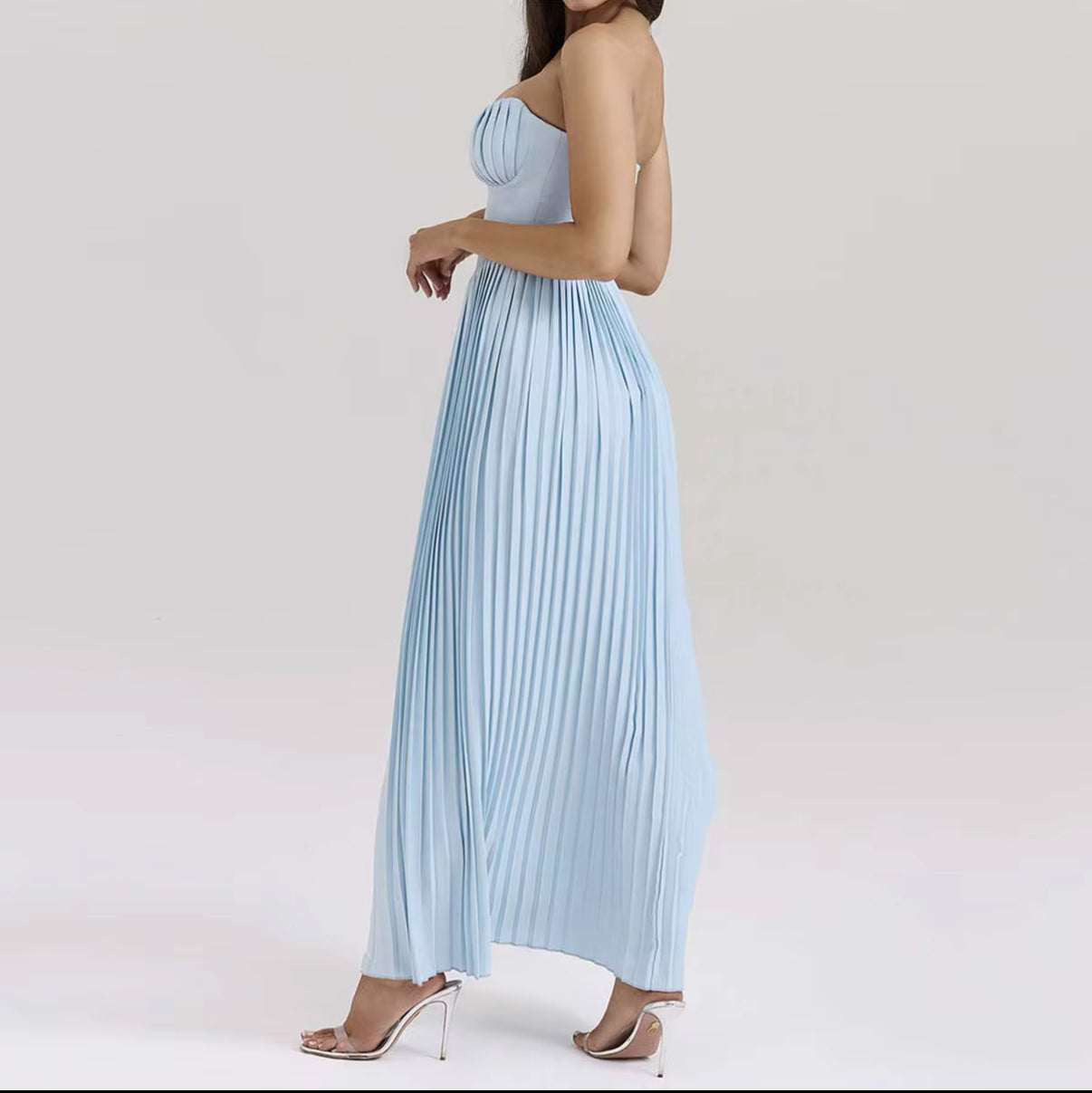 Strapless Baby Blue Pleated Maxi Dress