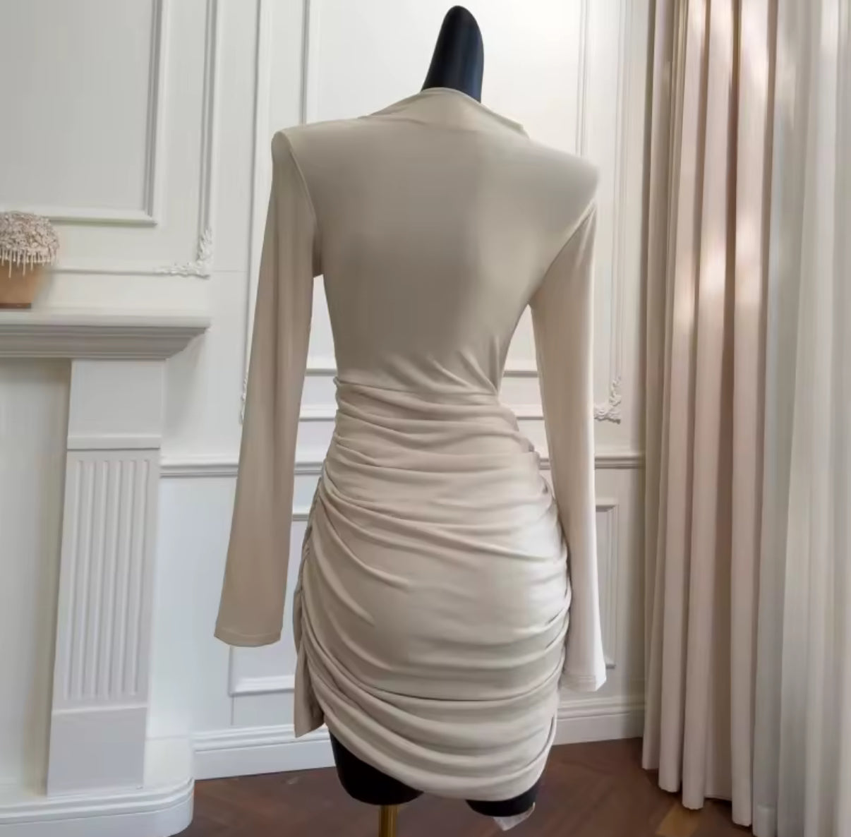 Long-Sleeve Draped Mini Dress with gold detail