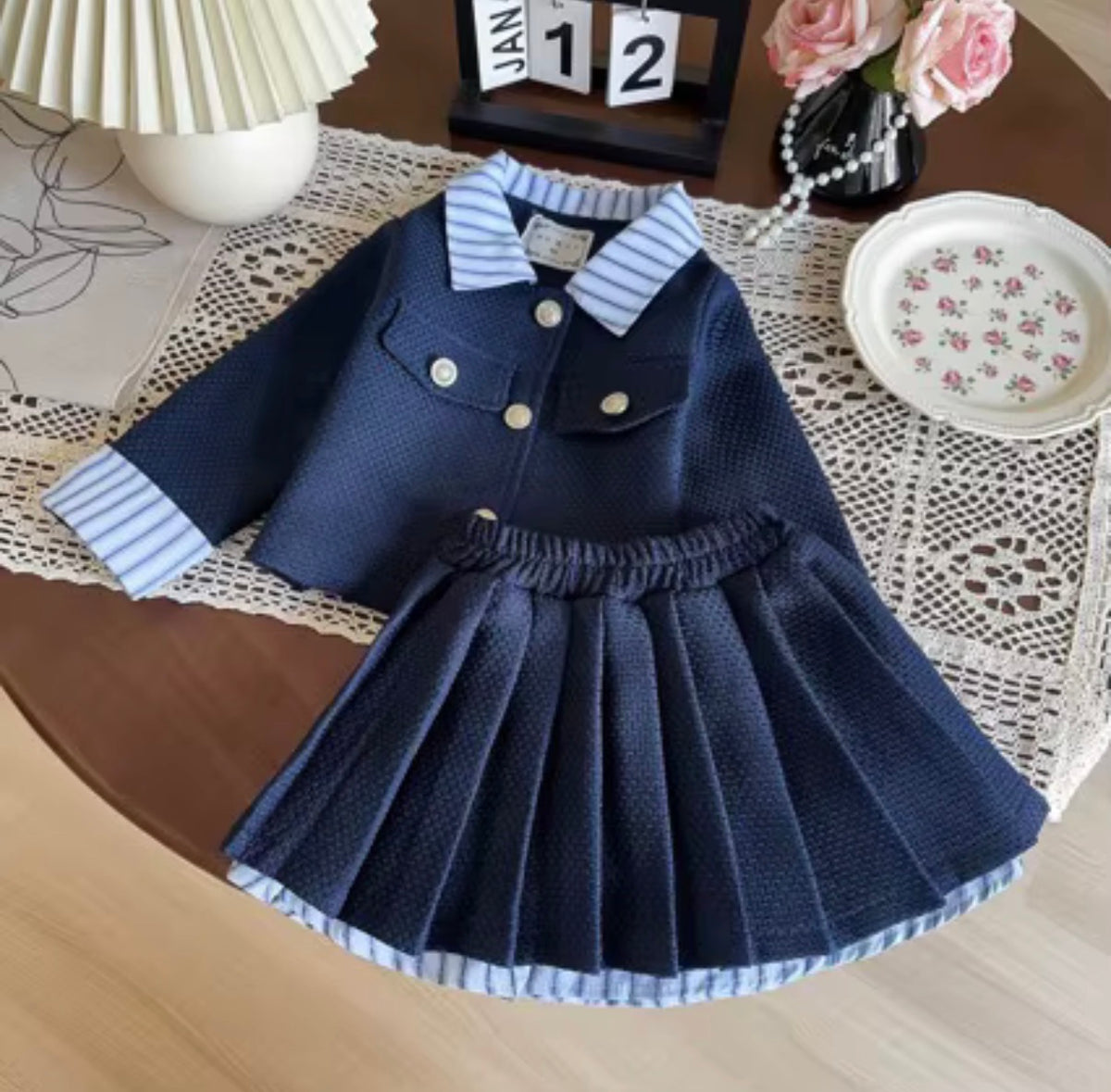 Preppy Navy Pleated Set