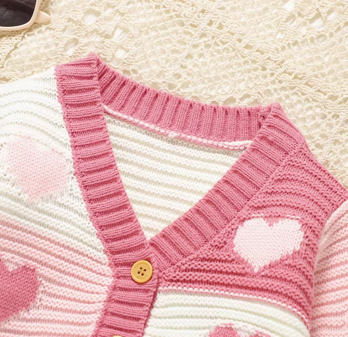 Pink Heart Knit Cardigan & Flared Pants Set