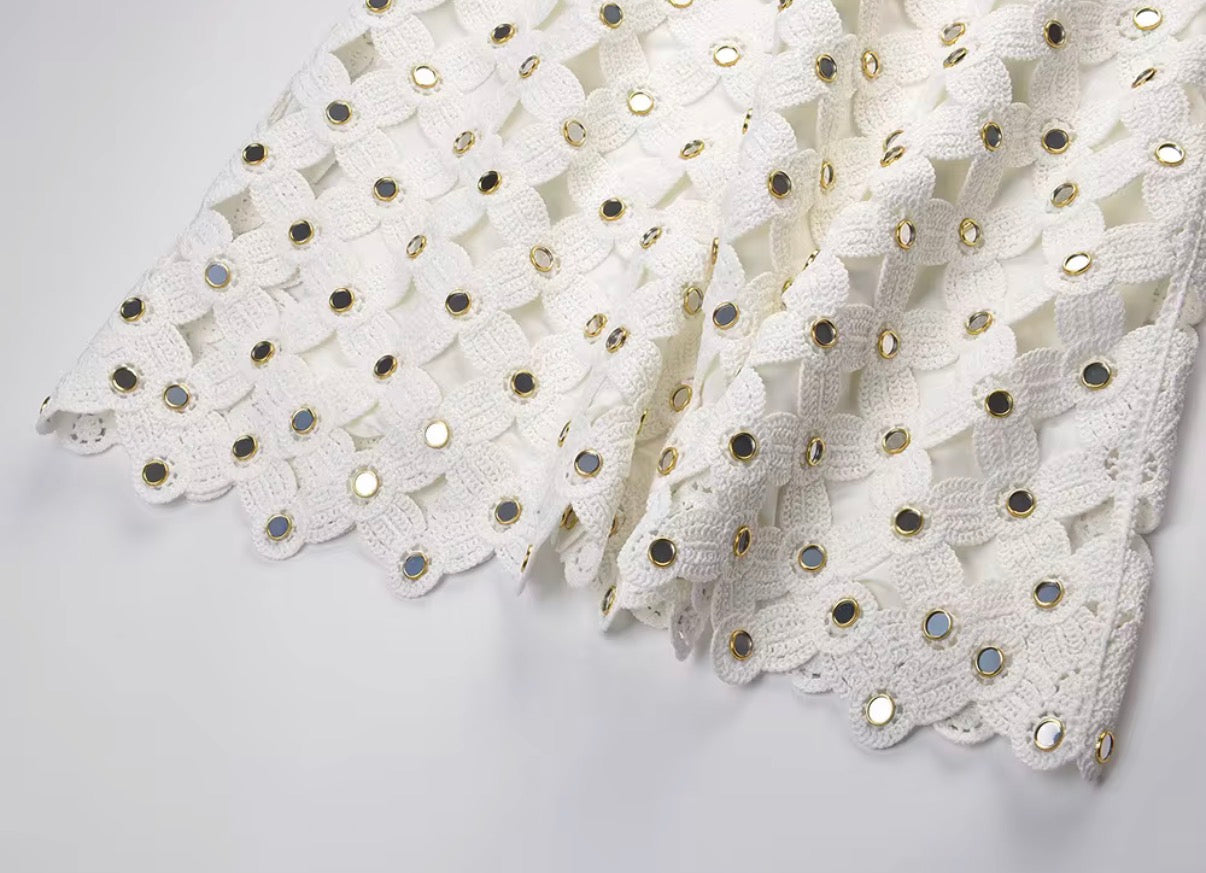 Pearl Glow Crochet Mini Dress