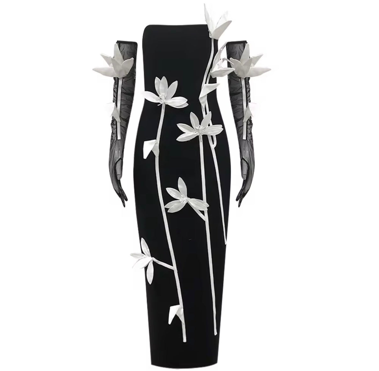Elegant Strapless Black Column Dress with Sculpted White Floral Appliqué
