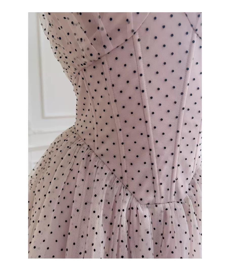 Retro Polka Dot Gown with Ruffled Skirt