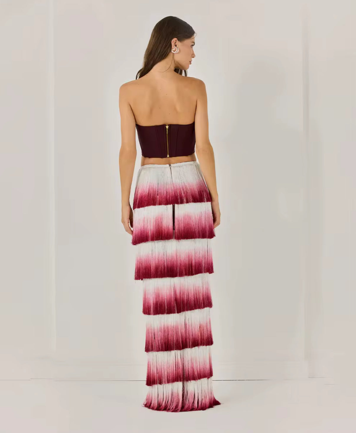 Burgundy Corset Top & Ombre Fringe Maxi Skirt Set
