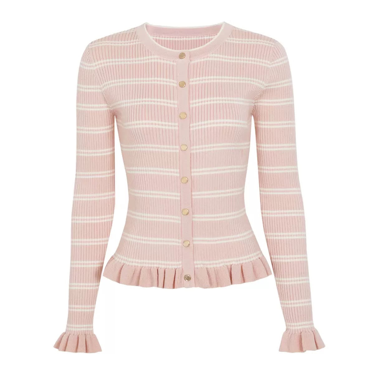 Blush Pink Striped Ruffle Knit Cardigan & Midi Skirt Set