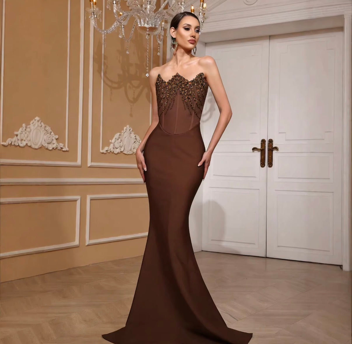 Embellished Mocha Corset Gown