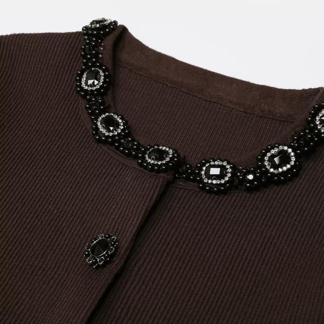 Embellished Knit Cardigan & Flared Midi Skirt Set