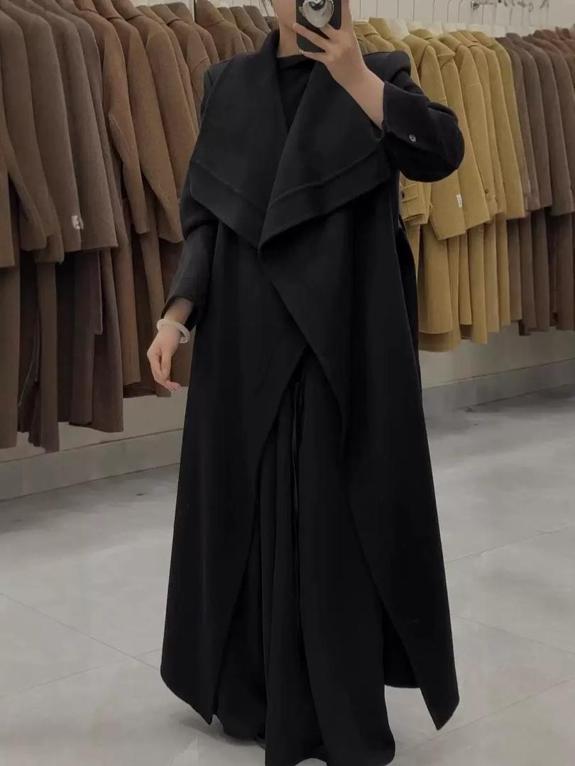 Long Wrap Wool Coat with Cascading Folded Collar