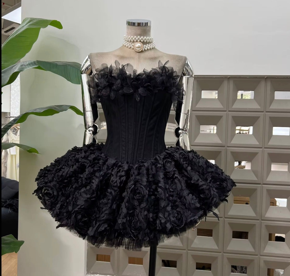 Floral Corset Mini Dress with Voluminous 3D Rose Skirt