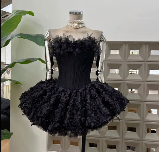 Floral Corset Mini Dress with Voluminous 3D Rose Skirt
