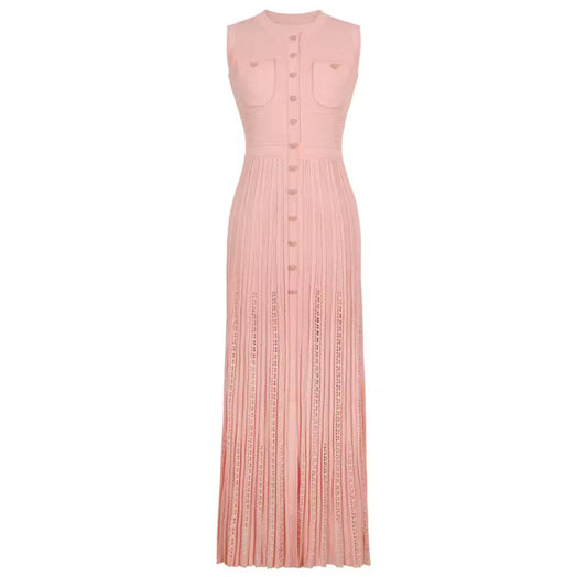 Longline Dress with Intricate Lace Panels and Decorative Buttons