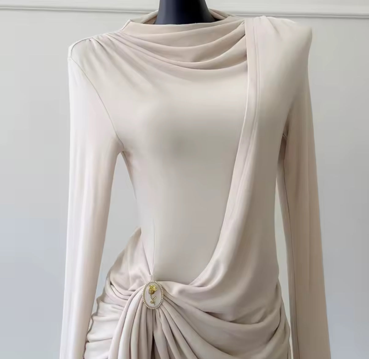 Long-Sleeve Draped Mini Dress with gold detail