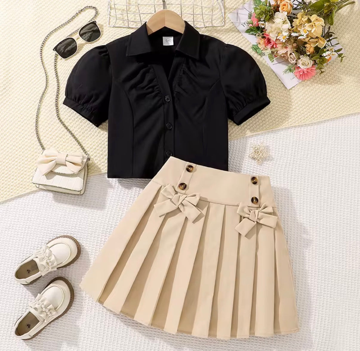 Bow Pleated Skirt Set