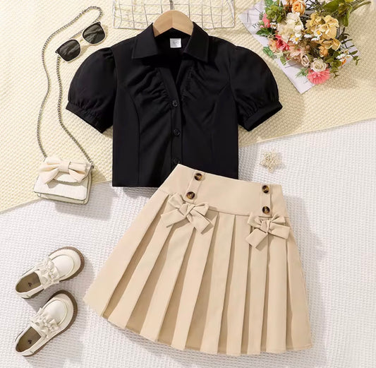 Bow Pleated Skirt Set