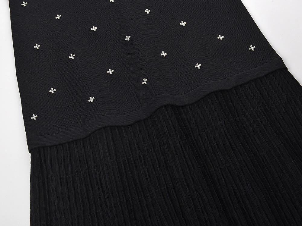 Pearl Embellished Knit Pleated Maxi Dress