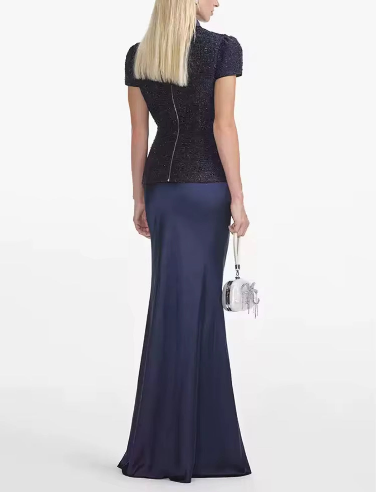 deep navy dress with a tailored tweed-style bodice