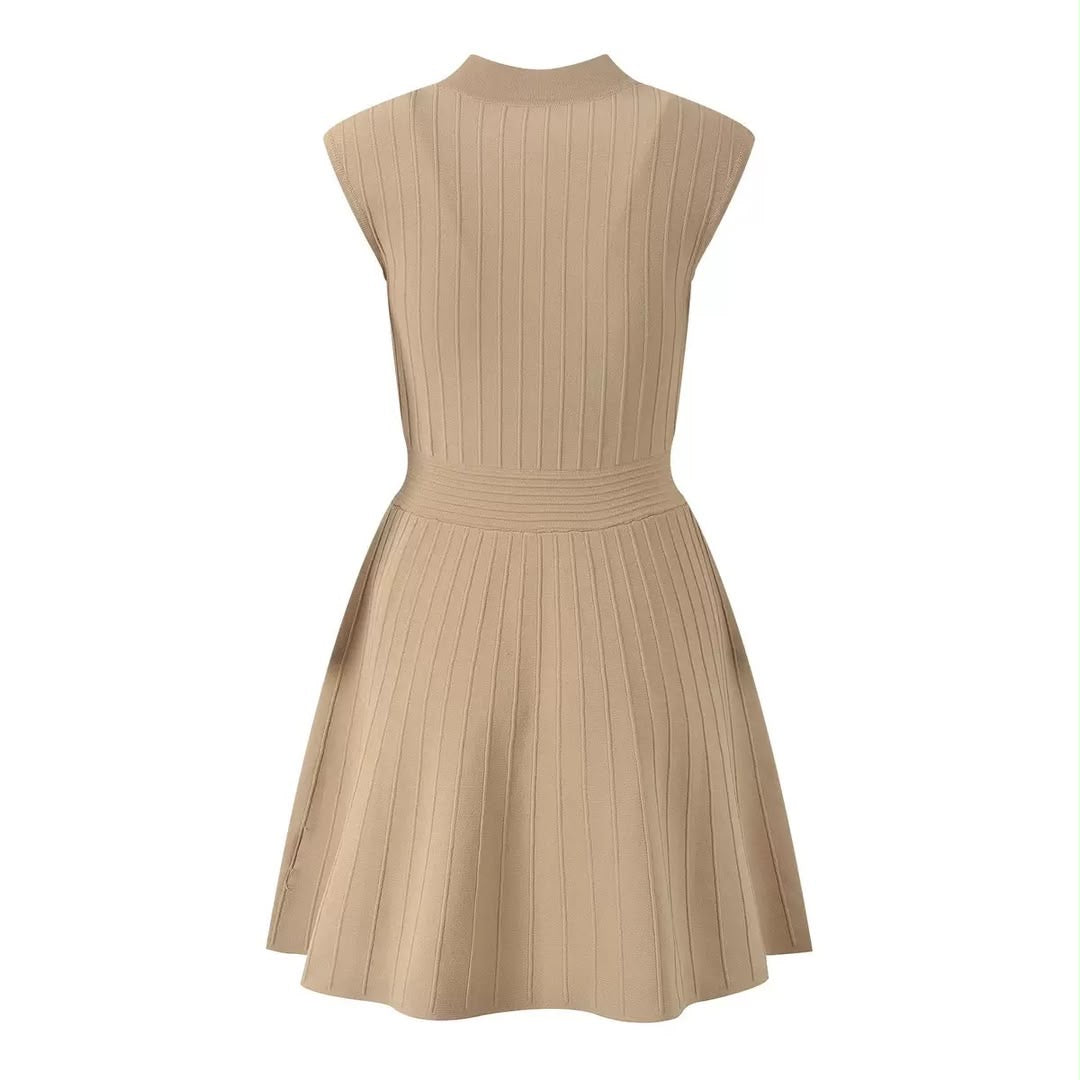 Gold-Button Ribbed Knit Mini Dress