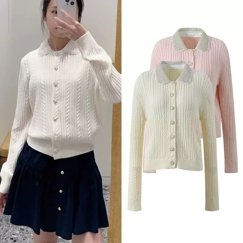 Pearl Collar Cable Knit Cardigan