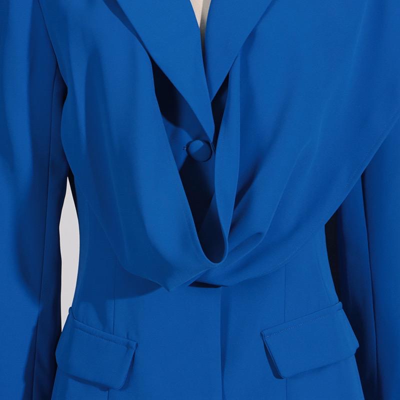 Royal Blue Tailored Blazer with Draped Shoulder Scarf Effect