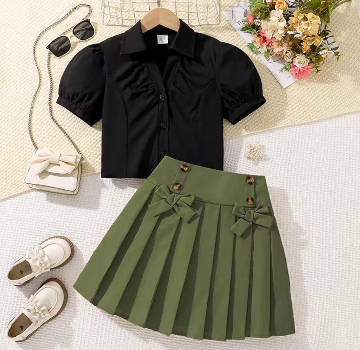 Bow Pleated Skirt Set