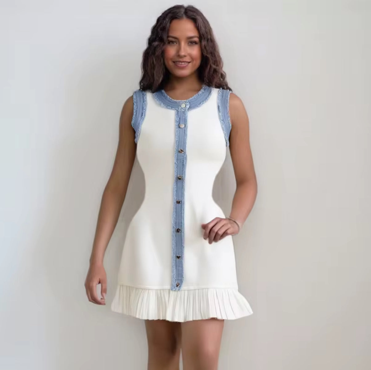 Sleeveless Button-Front Mini Dress with Denim Trim