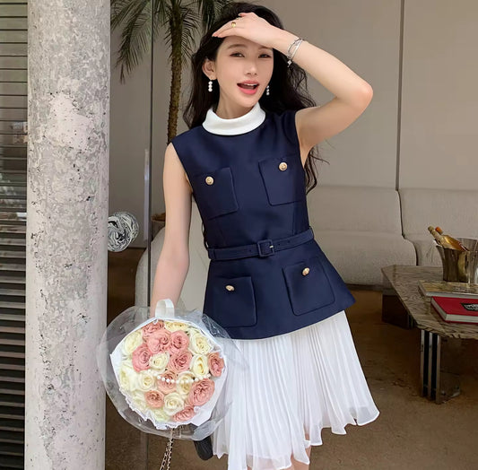 Navy Luxe Pleated Mini Dress