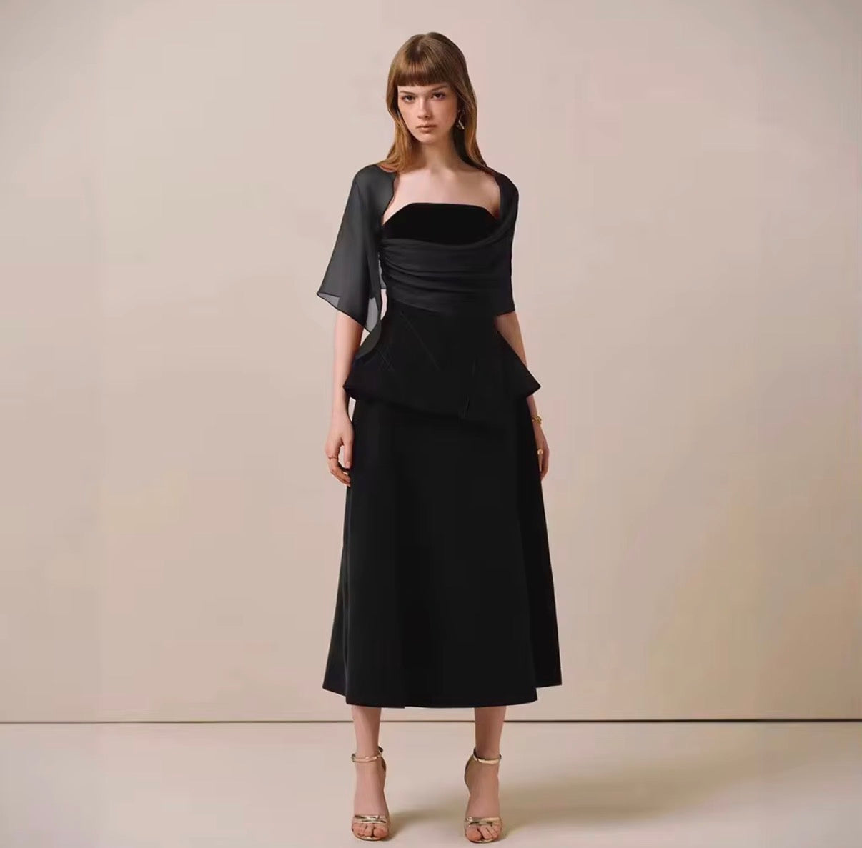 Elegant Draped Sheer Shawl A-Line Midi Dress with Structured Waist