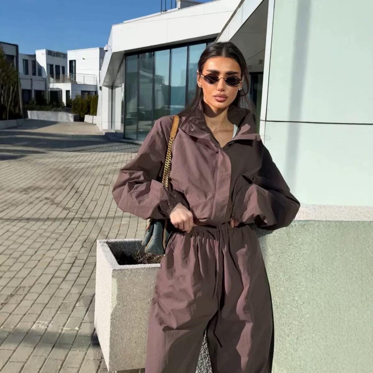 Cropped Windbreaker & Wide-Leg Pants Set