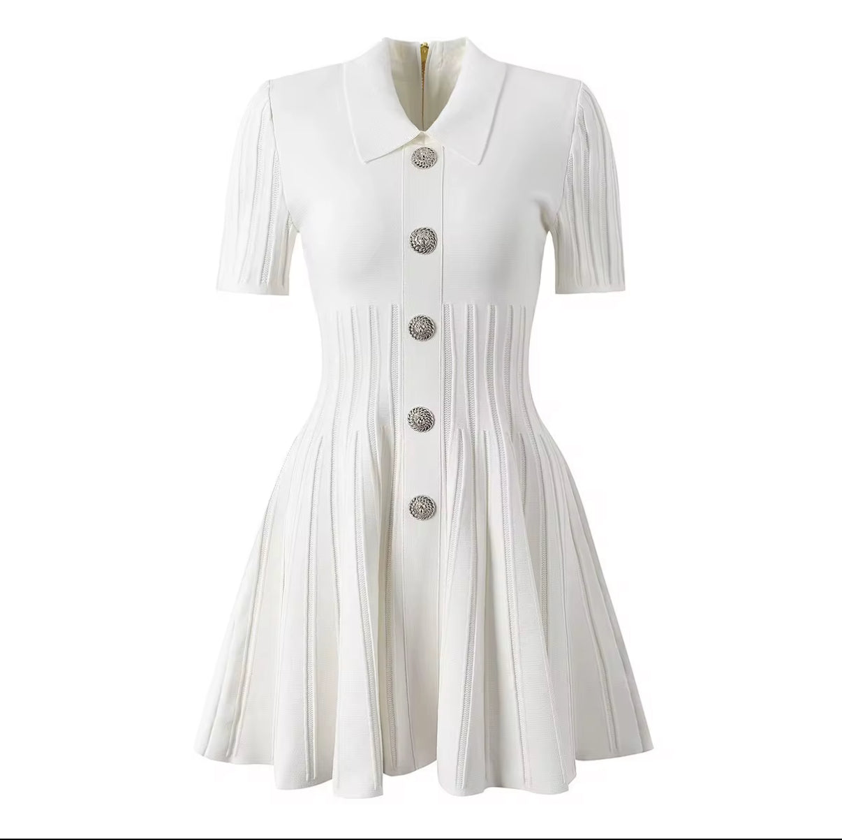 Pleated Mini Dress with Crystal Button Front