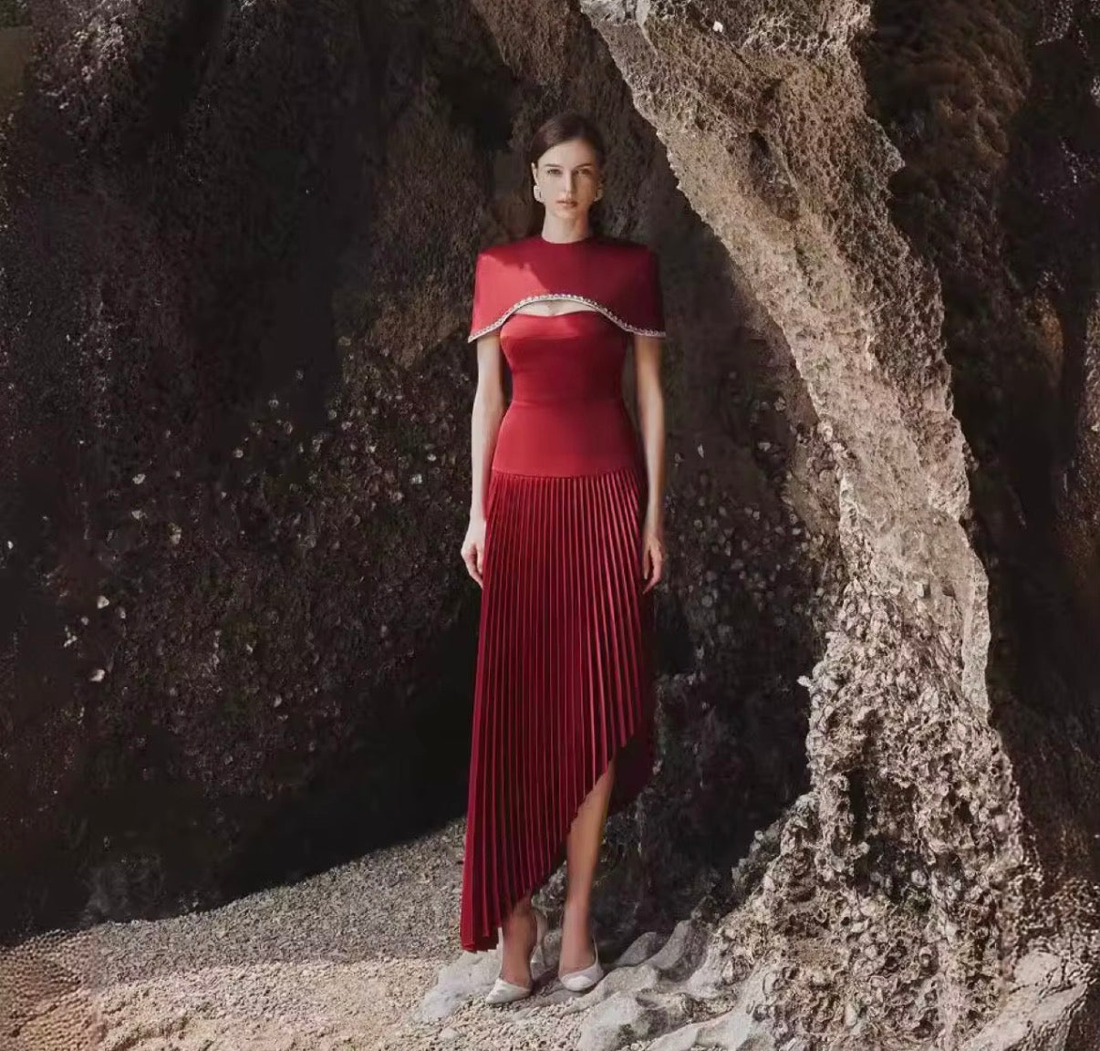Asymmetric Pleated Maxi Dress with Embellished Cape Neckline