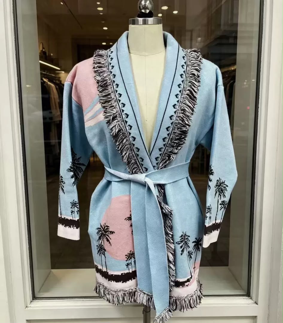 Fringed Palm Print Belted Cardigan