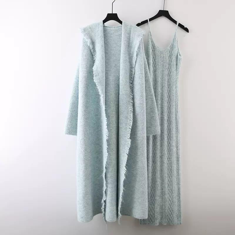 Fringe-Trim Knit Maxi Dress & Long Cardigan Set