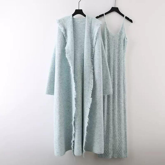 Fringe-Trim Knit Maxi Dress & Long Cardigan Set