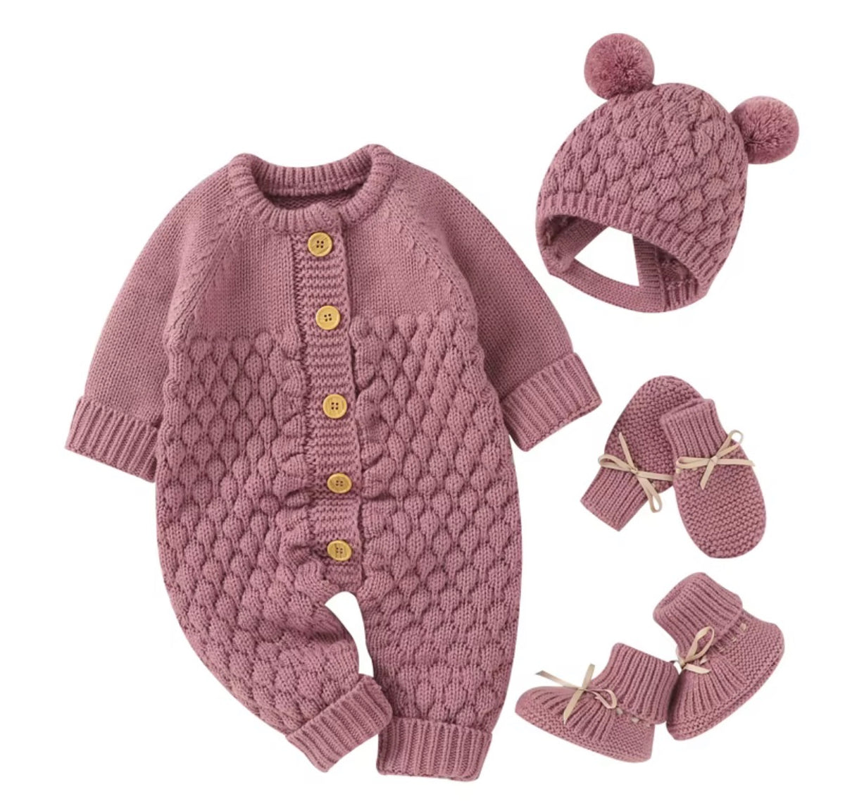 Baby Cable Knit Romper Set with Pom Pom Hat & Booties