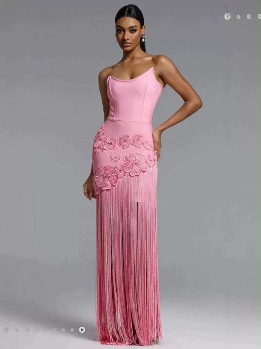 Floral Appliqué Fringe Maxi Dress